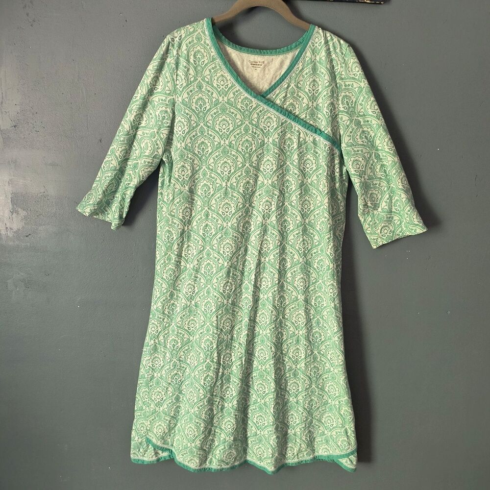 Garnet Hill Asian Wrap Nightgown M Green White Floral Organic Cotton Cozy Lounge